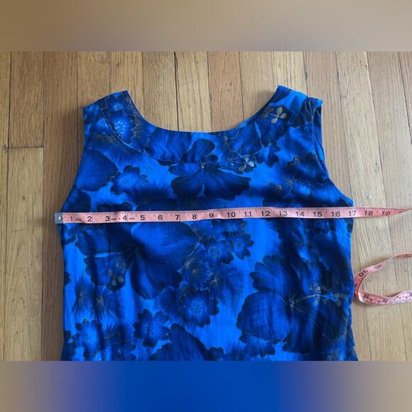 60s Vintage Navy Blue Hawaiian Wiggle Dress w Hibiscus Flowers and Gold Details - Picture 4 of 6
